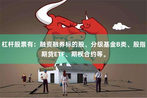 杠杆股票有：融资融券标的股、分级基金B类、股指期货ETF、期权合约等。